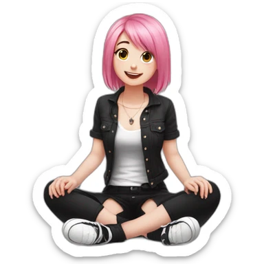 Full body Front view curvy emo girl pink hair sits on the floor straight view hands up black skirt белые трусики sticker