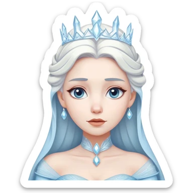 Cinematic Timeless Snow Queen Portrait Emoji, rendered in a clean, vector style. Depict Elsa with icy pale skin, intricately styled platinum hair, and a serene, regal expression, dressed in a minimalist ice-blue gown. The design features bold, simplified shapes, a soft, drowsy crystalline glow, and a subtle glowing outline, capturing the essence of timeless, majestic winter beauty. sticker