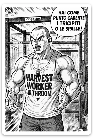 Personal trainer che dice al suo allievo, "hai come punto carente i tricipiti o le spalle!" Stile manga di Dragon Ball sticker