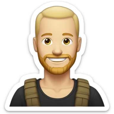 White guy, short bearded, no hair, blonde with a black t-shirt smiling sticker
