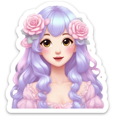Gorgeous pastel anime style lady with blushing face and roses cottagecore fairycore pastelcore shiny colorful pearly aesthetic trending style sticker