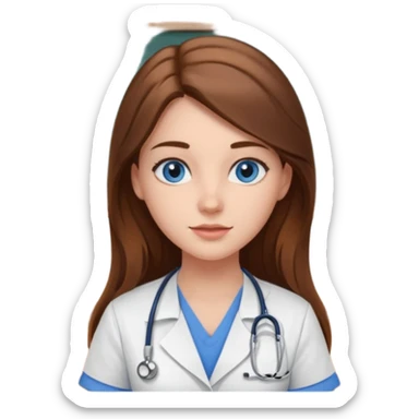 inside a classroom at university that says nursing school on the board with a pretty female nursing student with long brown hair, blue eyes sticker