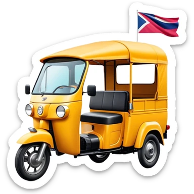 Cinematic Realistic Tuk Tuk Emoji, depicted as a vibrant iconic three-wheeled vehicle with bold colors and a compact design, rendered with crisp textures and dynamic urban lighting that captures its quintessential Thai charm. sticker