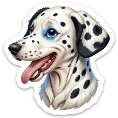 Cinematic Cute Yawning Spotted Dalmatian Portrait Emoji, Head tilted slightly with a dramatic, wide-open yawn, showcasing a smooth Fur of predominantly white with bold black patches, floppy ears slightly drooping, round blue eyes barely open in drowsy contentment, Simplified yet irresistibly adorable features, highly detailed, glowing with a soft, cozy glow, high shine, relaxed yet expressive, stylized with a touch of whimsy, bright and endearing, soft glowing outline, capturing the essence of a sleepy yet affectionate guardian, so drowsy it feels like it could stretch out of the screen and curl up for a nap! sticker