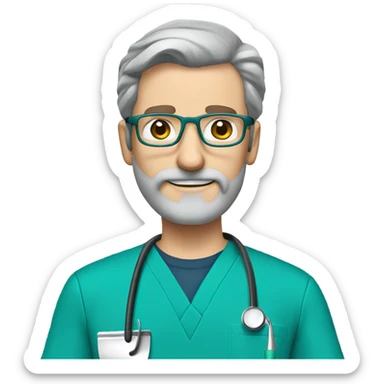 male dark blond with grey beard doctor with hazel eyes and wire-rimmed glasses in teal scrubs holding a paintbrush and a jigsaw sticker