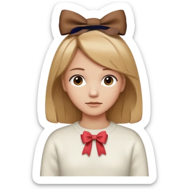 Pelo color marron claro acercándose a el rubio,suéter blanco con un moño marron, piel normal clara,y un mini moñito en la cabeza marron sticker