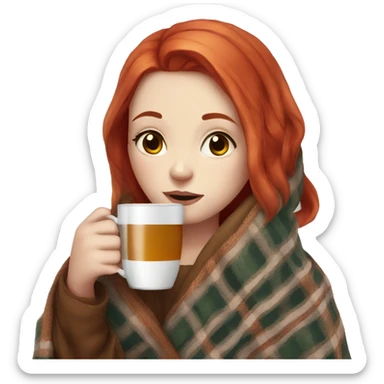 pale girl with red hair and wrapped in a plaid blanket and drinking tea sticker
