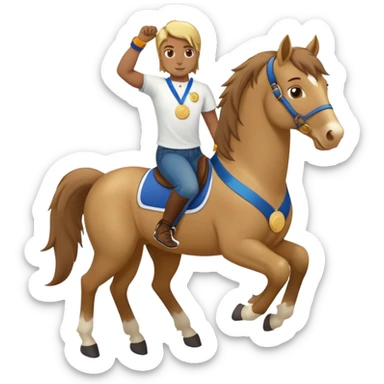 friendly anthropomorphised stallion in jeans and a t-shirt, standard pose, wearing a gold medal sticker