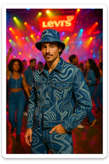 A trendy man dressed in hypnotic, attention-grabbing clothes at a Levi's celebration, with creative denim fashion and energetic party vibe. sticker