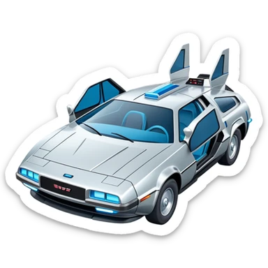 Retro-futuristic hover car inspired by the DeLorean, gullwing doors, silver metallic body with blue-tinted windows, stylized jet boosters in the back, flat vector style, outlined shapes, minimal design sticker