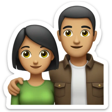 A couple hugging, girl has long black straight hair green eyes medium tan, guy has a buzz cut brown hair green eyes  sticker