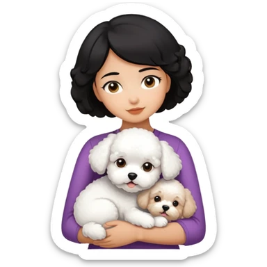 A short black hair girl,hugging a Bichon frise sticker