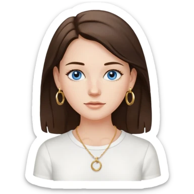 Create an emoji of a pretty white Girl with brunette hair blue eyes faint freckles and medium length hair wearing a white shirt with gold hoop earrings and a gold necklace  sticker