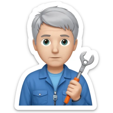 Calm and independent male technician, fair skin, short tousled grey hair, cool light-blue eyes, serious but composed expression, wearing a blue work jacket over a grey t-shirt, holding a wrench in one hand and a mechanical gear in the other, waist-up, front-facing sticker