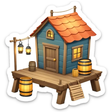
fisherman house on a wooden pier, small dock, fishing nets hanging, barrels, lantern, ocean vibe, 3D cartoon, cute mobile game icon, clean background, no text
 sticker