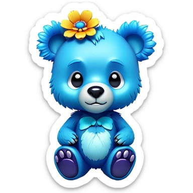 3D, adorable little Pixar style blue neon punk bear with a flower, ultra detailed, each lash, eye, and strand of fur is shown in stunning detail as though captured in a timeless photograph, rich textures, visually rich, so lifelike it feels like it could leap off the page at any moment sticker