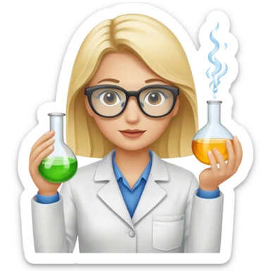 Eine hellblonde Chemikerin mit Kittel, großer Labor-Sicherheitsbrille und typischem Erlmeyerkolben in der Hand sticker