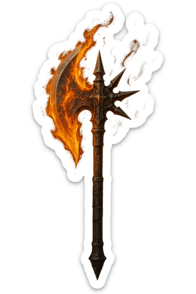a flaming halbert with spikes on the back and an axe blade in front, detailed fantasy weapon, dramatic lighting, no background sticker