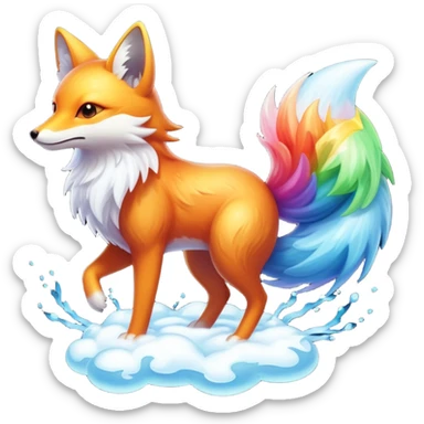 A cloud-dwelling creature made of vapor and static electricity, shaped like a winged fox that leaves rainbow trails as it flies and can condense parts of itself into water or ice projectiles. sticker