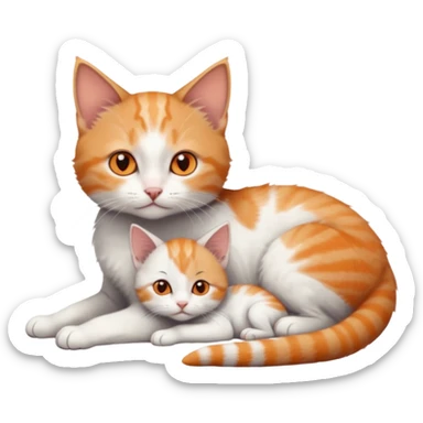 full body of very small + skinny ginger and white kitten with deep orange eyes and triangular shaped face lying down cuddling a grey and white kitten who is a bit bigger than him sticker