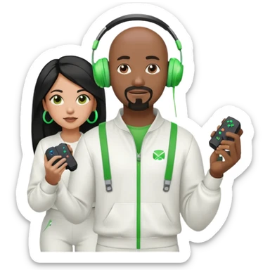 A bald, black man with a goatee wearing a white jump suit, green headphones and holding a ps5 controller. mad, young, Hispanic woman with long black hair sticker