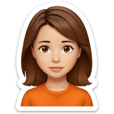 Linda Cardellni with brown hair, orange shirt sticker