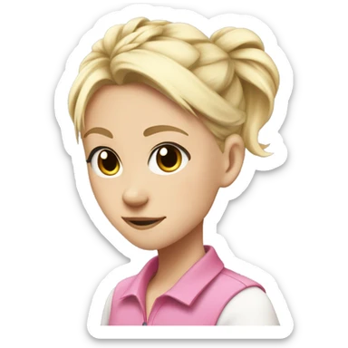 jecka from class of 09, so a white blonde anime girl with a pink polo and a loose half tied up hair bun sticker