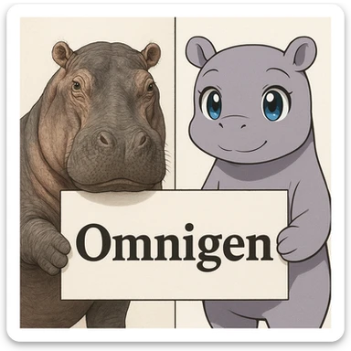 two hippo holding sign of omnigen, half picture 1 hippo is realistic another half is the anime of that same second hippo sticker