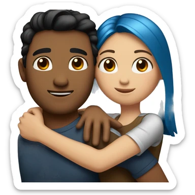 Couple having a big hug, arms around each other. man with light brown skin and black hair. short white woman with brown hair and blue eyes  sticker