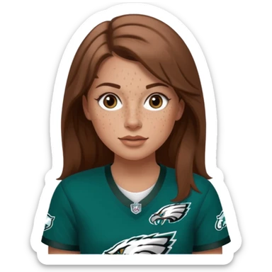 White girl with long  milk chocolate brown hair and freckles wearring a Philadelphia eagles jersey sticker