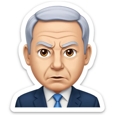 Create a highly recognizable emoji-style illustration of Benjamin Netanyahu, with angry facial features, exaggerated expressions, and a cartoonish look, focusing on clear and iconic shapes, flat colors, and a clean vector style sticker