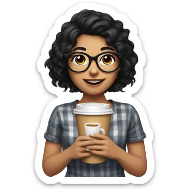 smiling girl with black hair and shaggy haircut standing with a coffee in her hand, wearing big black glasses sticker