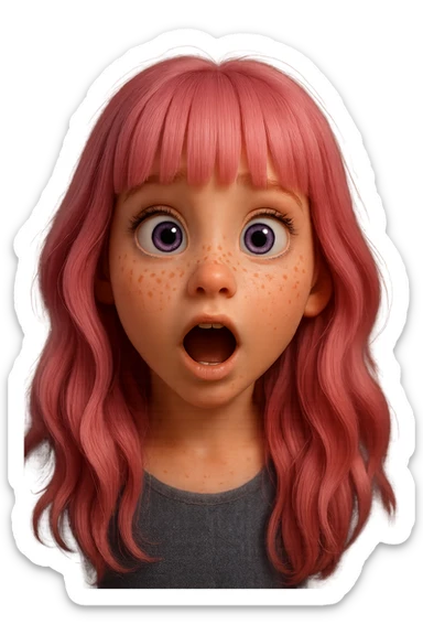 Redraw this character in a 3D Disney style with a surprised expression, keeping the pink hair, purple eyes, and freckles. Reference the original likeness. The style should reflect a vibrant, detailed 3D Disney animation look with expressive features and soft shading. sticker