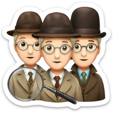 Icon for Detective Movies: A colorful collage with Sherlock Holmes, Miss Marple, and Pinkerton. Include magnifying glasses, clues, and detective tools. The design should evoke mystery and intrigue, with a classic detective movie feel. Transparent background. sticker