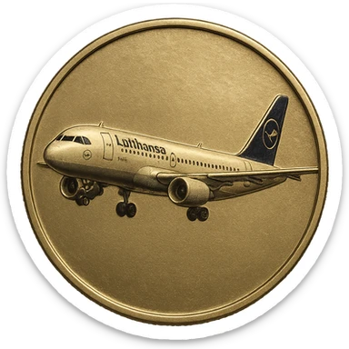 shiny coin front side with embossed passenger airplane resembling an Airbus in Lufthansa colors, clear contours, metallic surface sticker