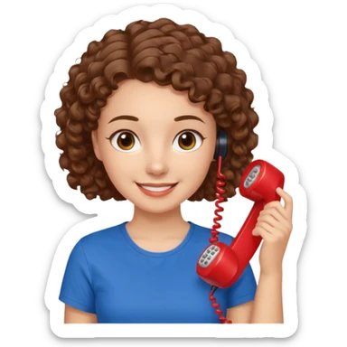 chica con piel blanca sonriendo, ojos marrones y pelo marrón atado con rulos con remera celeste. atendiendo un teléfono rojo sticker