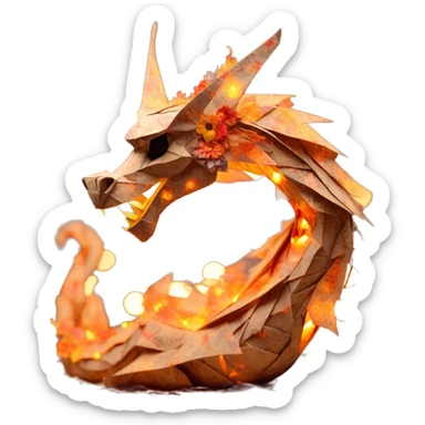 Charred flaming fiery Beige Origami dragon made of newspapers on fire letters on fire burnt paper surrounded by fairy lights swirls covered in dried flowers bokeh floral flowers fire flames sticker