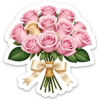 Romantic bouquet of pastel pink roses tied with an ivory satin ribbon, delicate golden sparkles. sticker