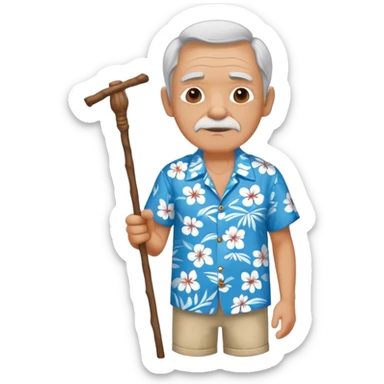 old man with hawai blue floweral shirt  full body with stick sticker