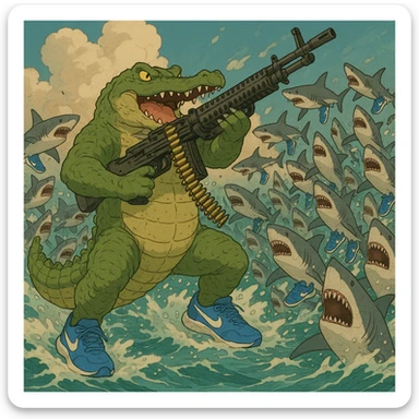 1 crocodile take m60 vs 20,000 shark They wear shoes Nike blue and crocodile killing all sharks  shoes Nike blue and crocodile wins sticker
