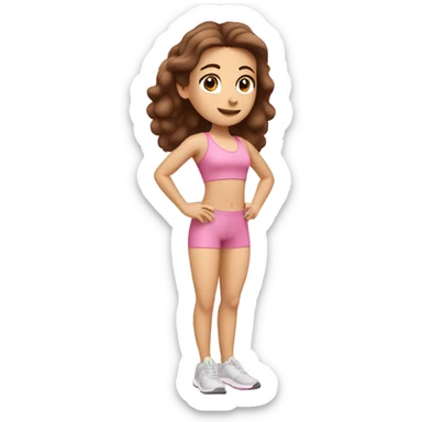 Caucasian girl with brown hair and brown eyes doing Pilates in a pink workout set sticker