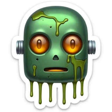 make a tired old melting robot emoji, covered in green sludge, 2d sticker
