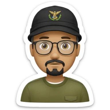 hombre trigueño , barba candado negra y blanca, anteojos, gorra negra , remera tactica verde oliva sticker