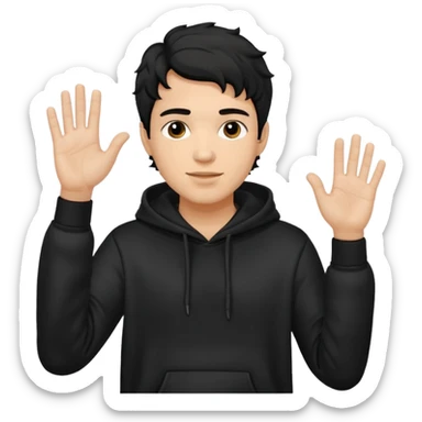 Now create man waveing with one hand with little bit wavey dark black hair with black hoodie on and make him light skin. his haircut is mid fade with hair on his forehead sticker