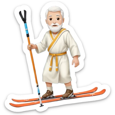 Old man white haired white beard wearing white toga robe on skis with mountains sticker