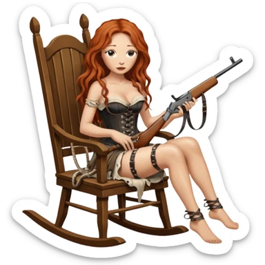 realistic cinematic Tori Amos sits on a rocking chair in a torn corset, holding an antique rifle and her bare feet are muddy. A white snake is wrapped around the chair. sticker