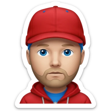 Fred Durst with dark blonde hair, blue eyes, red outfit and cap sticker