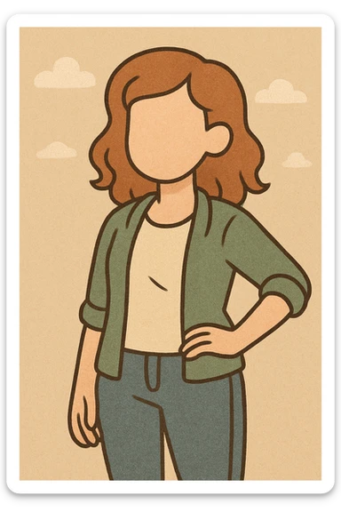 Make the young woman a redhead, keep her friendly and faceless, modern casual style with warm and inviting colors. sticker