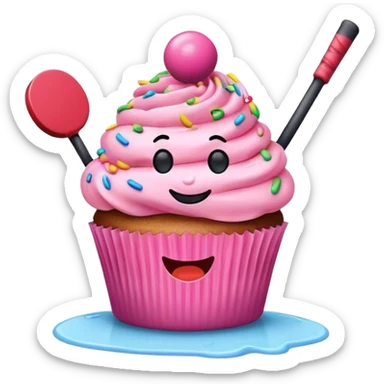 cupcake with pink frosting and sprinkles with a face holding a hockey puck sticker