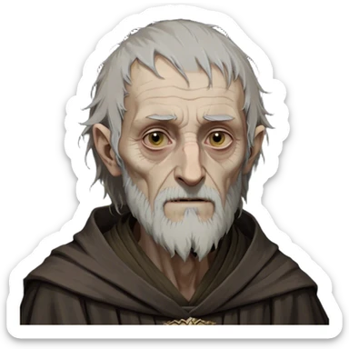 Qyburn from game of thrones, Qyburn is a thin, aging man with a gaunt, almost skeletal face and pale, sallow skin. His wispy gray hair and short, scruffy beard give him an unkempt look, and his cold, calculating eyes make him seem eerily detached. He wears simple, dark robes, lacking the grandeur of a typical maester, as he was stripped of his title for his unethical experiments. His soft-spoken yet chilling demeanor makes him unsettling to those around him. sticker